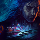 a man looks over a train and a neon lit city in replaced